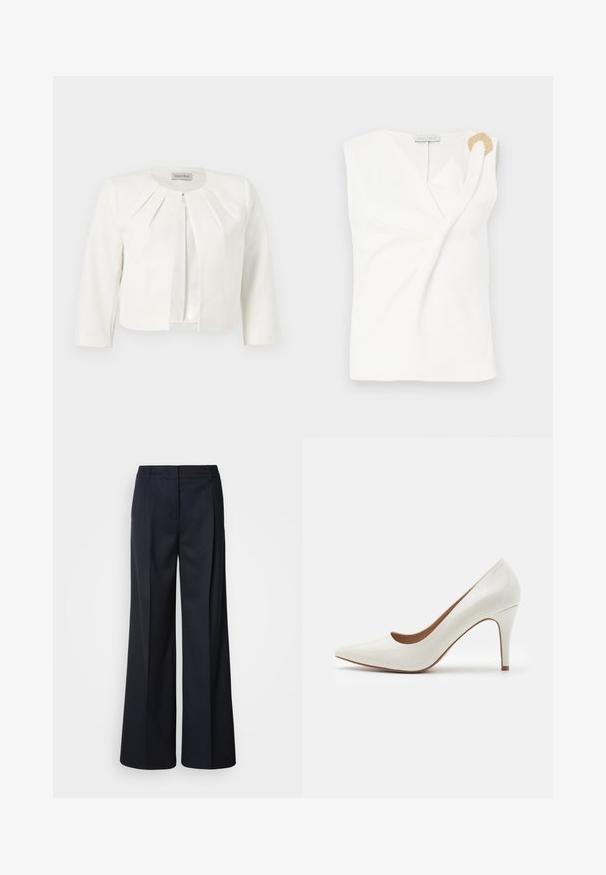 Hvid cropped blazer med trekvartlange ærmer og plisseret detaljer omkring kraven fra Anna Field.; Ærmeløs hvid bluse med en indpakningsdesign, der har en guldfarvet dekorativ ringdetalje på den højre skulder.; Bukser med vide ben i mørk marineblå, lavet af glat stof. Har en skræddersyet talje og forlommer med læg, designet til en afslappet pasform.; Hvide patentlæder højhælede sko med spids tå og en glat overflade, der har en slank hæl og en lav skæring omkring åbningen.