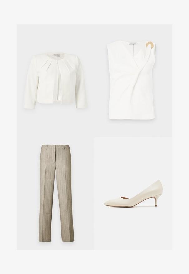Hvid cropped blazer med trekvartlange ærmer og plisseret detaljer omkring kraven fra Anna Field.; Ærmeløs hvid bluse med en indpakningsdesign, der har en guldfarvet dekorativ ringdetalje på den højre skulder.; Beige bukser med nålestriber og et lige ben-design, der har en struktureret linning og en subtil tekstur i hele stoffet.; Beige lavpumpe med lav hæl og spidse tæer samt en glat, blank overflade. Har en diskret udskæring langs buen og en slank, tapet hæl.