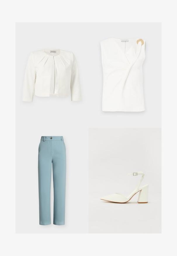 Blazer blanc court à manches trois-quarts avec des détails plissés autour du col, par Anna Field.; Blouse sans manches blanche avec un design croisé, présentant un détail décoratif en forme d'anneau doré sur l'épaule droite.; Pantalon bleu clair à jambes droites avec passants de ceinture, fermeture par bouton et poches latérales avant sur fond uni.; Sandale blanche à talon avec un bout pointu, sangle de cheville réglable et un talon carré épais. Texture lisse avec des détails de couture minimaux.