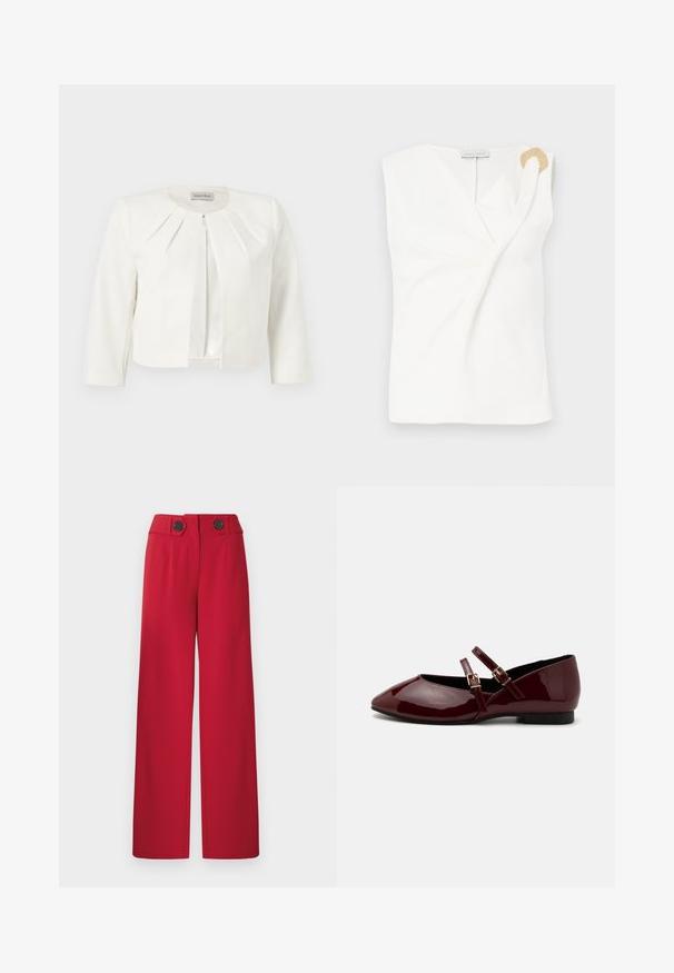 Blazer blanc court à manches trois-quarts avec des détails plissés autour du col, par Anna Field.; Blouse sans manches blanche avec un design croisé, présentant un détail décoratif en forme d'anneau doré sur l'épaule droite.; Pantalon large rouge taille haute avec deux boutons noirs sur la ceinture, plis devant et ourlet droit.; Anna Field by Zalando Babies - dark red