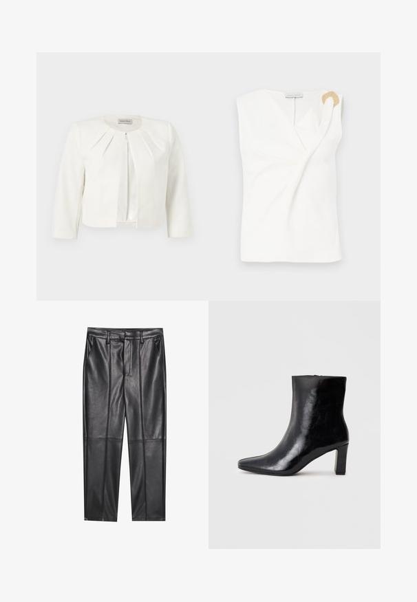 Hvid cropped blazer med trekvartlange ærmer og plisseret detaljer omkring kraven fra Anna Field.; Ærmeløs hvid bluse med en indpakningsdesign, der har en guldfarvet dekorativ ringdetalje på den højre skulder.; Sorte læderbukser med en glat overflade, der har lige pasform, to forlommer og synlige sømdetaljer.; Sorte ankelstøvler lavet af blank læder, med spidse tæer og en mellemstor blokhæl, med en glat tekstur og et enkelt design.