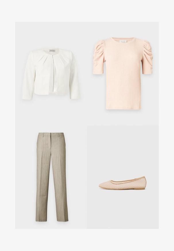 Hvid cropped blazer med trekvartlange ærmer og plisseret detaljer omkring kraven fra Anna Field.; Lyserød bluse med korte ærmer og puffede skuldre, tekstureret stof og rund halsudskæring. Mærket lyder "ANNA FIELD."; Beige bukser med nålestriber og et lige ben-design, der har en struktureret linning og en subtil tekstur i hele stoffet.; Balletflade med spids tå, lavet af vævet beige materiale, med en fleksibel sål og en glat kant.
