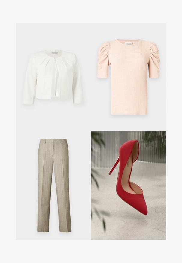 Hvid cropped blazer med trekvartlange ærmer og plisseret detaljer omkring kraven fra Anna Field.; Lyserød bluse med korte ærmer og puffede skuldre, tekstureret stof og rund halsudskæring. Mærket lyder "ANNA FIELD."; Beige bukser med nålestriber og et lige ben-design, der har en struktureret linning og en subtil tekstur i hele stoffet.; Rød højhælet sko med spids tå og glat ruskindsoverflade. Har en stiletto-hæl og en guldaccent ved hælens bund.