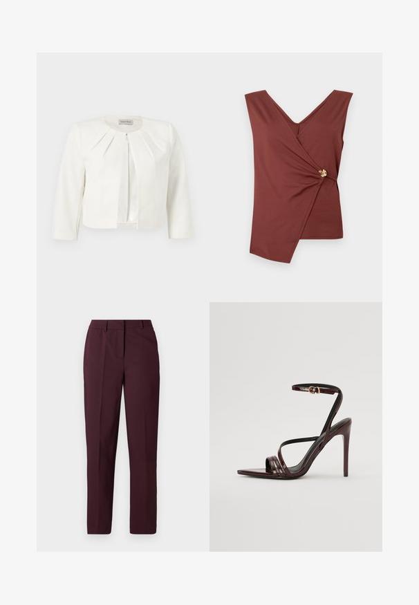 Witte cropped blazer met driekwartsmouwen en geplooide details rondom de kraag van Anna Field.; Mouwloze bruine wikkeltop met een asymmetrische zoom en een gouden decoratieve sluiting aan de zijkant.; Bordeauxrode rechte broek met een gladde textuur, voorzien van een vlakke voorkant en zonder zichtbare zakken. Op maat gemaakt ontwerp met een klassieke pasvorm.; Bordeaux gepatineerde leren hoge hakken sandaal met een enkelbandje, puntige neus en drie horizontale banden over de voet. Details met gouden gesp.