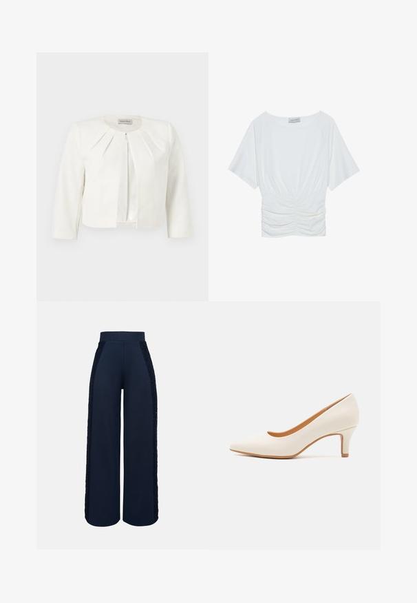 Hvid cropped blazer med trekvartlange ærmer og plisseret detaljer omkring kraven fra Anna Field.; Hvid t-shirt med korte ærmer og en afslappet pasform, der har en samlet rynket design ved taljen og en glat stofstruktur. Mærke: Anna Field.; Marineblå bukser med vide ben, høj talje og blonder langs ydersiden af begge ben.; Hvid læder højhælet sko med spids tå og en slank, let skrå hæl. Glat tekstur med et minimalistisk design og tan sål.
