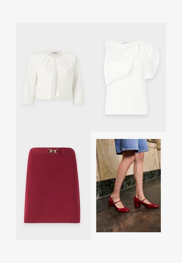 Blazer blanco corto con mangas tres cuartos y detalle plisado alrededor del cuello de Anna Field.; Top blanco sin mangas con detalle de tela en capas asimétricas y manga abullonada en un hombro, dispuesta sobre un fondo blanco.; Falda burdeos hasta la rodilla con trabillas para el cinturón y detalle de hebilla de metal en forma de estribo en tono dorado en la cintura.; Persona con zapatos de charol rojos brillantes tipo Mary Jane y falda de mezclilla azul de pie sobre un suelo de baldosas oscuras cerca de una pared de mármol.