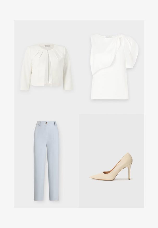 Blazer blanc court à manches trois-quarts avec des détails plissés autour du col, par Anna Field.; Haut sans manches blanc avec détail de tissu superposé asymétrique et manches bouffantes froncées sur une épaule, présenté à plat sur un fond blanc.; Pantalon bleu clair sur mesure avec jambe droite, fermeture à boutons à l'avant et passants de ceinture à la taille.; Escarpin en cuir beige à talon haut avec un bout pointu et un détail découpé sur le côté, possédant un talon stiletto fin pour le soutien.