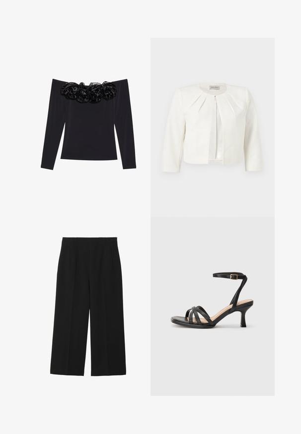 Hvid cropped blazer med trekvartlange ærmer og plisseret detaljer omkring kraven fra Anna Field.; Sort off-shoulder top med lange ærmer, der har en tekstureret blomsterkant i sort velour langs halsudskæringen.; Sorte breddebenede bukser lavet af glat stof, med to forlommer, flad front og lynlås lukning på siden.; Sorte høje hæle sandaler med flere tynde stropper over tæerne, en enkelt ankelstrop med en gylden spænde og en firkantet tå.