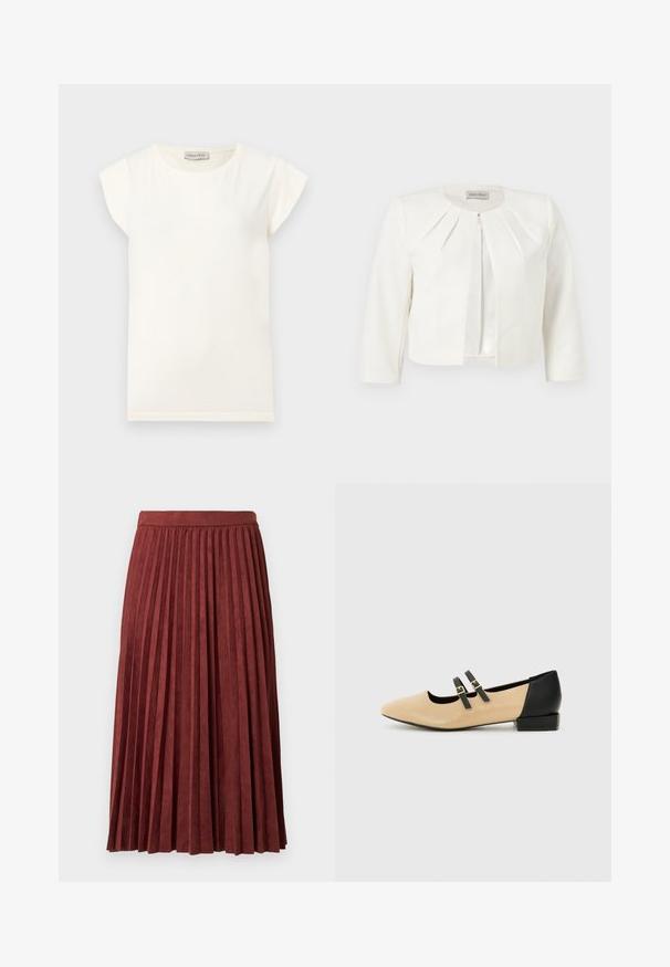 Blazer blanc court à manches trois-quarts avec des détails plissés autour du col, par Anna Field.; T-shirt blanc à manches courtes avec un col rond et une coupe décontractée. Confectionné en tissu doux, avec une texture lisse et un design minimaliste.; Jupe midi plissée bordeaux en tissu doux, présentant des plis verticaux et une taille ajustée. Texture lisse avec une couleur unie.; Chaussure plate en cuir beige avec un bout pointu, un talon noir et deux sangles noires sur le dessus. Design simple avec une texture mate.