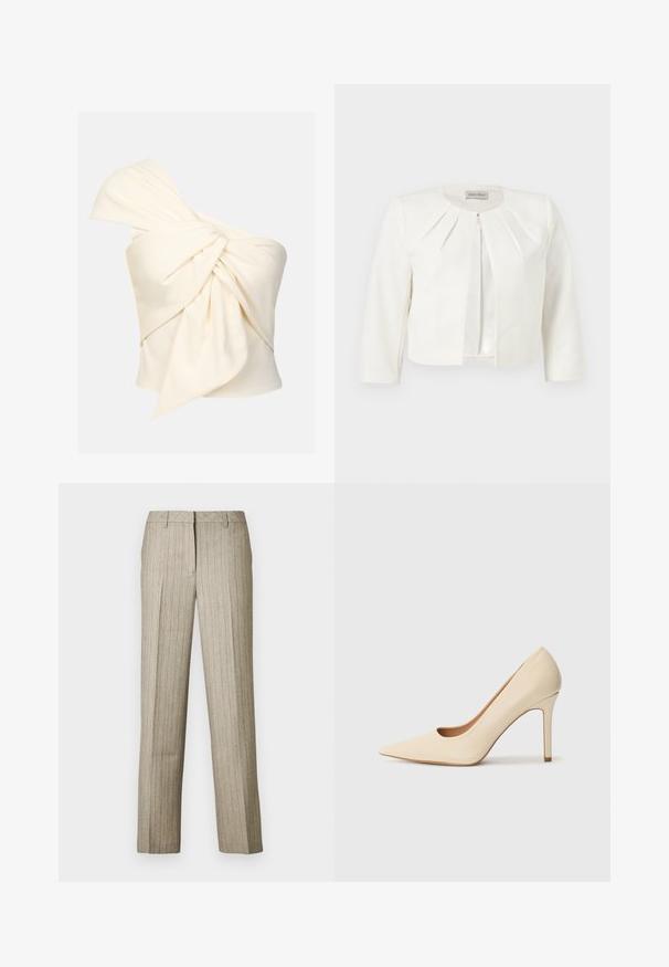 Witte cropped blazer met driekwartsmouwen en geplooide details rondom de kraag van Anna Field.; Crème top met één schouder, gemaakt van een soepele stof, met een grote gedraaide knoopdetail aan de voorkant en een aansluitende pasvorm.; Beige pantalon met krijtstrepen en een rechte pijp, voorzien van een gestructureerde tailleband en een subtiele textuur in de stof.; Beige leren pump met hoge hak, spitse neus en een uitsnijding aan de zijkant, voorzien van een slanke stilettokap voor ondersteuning.