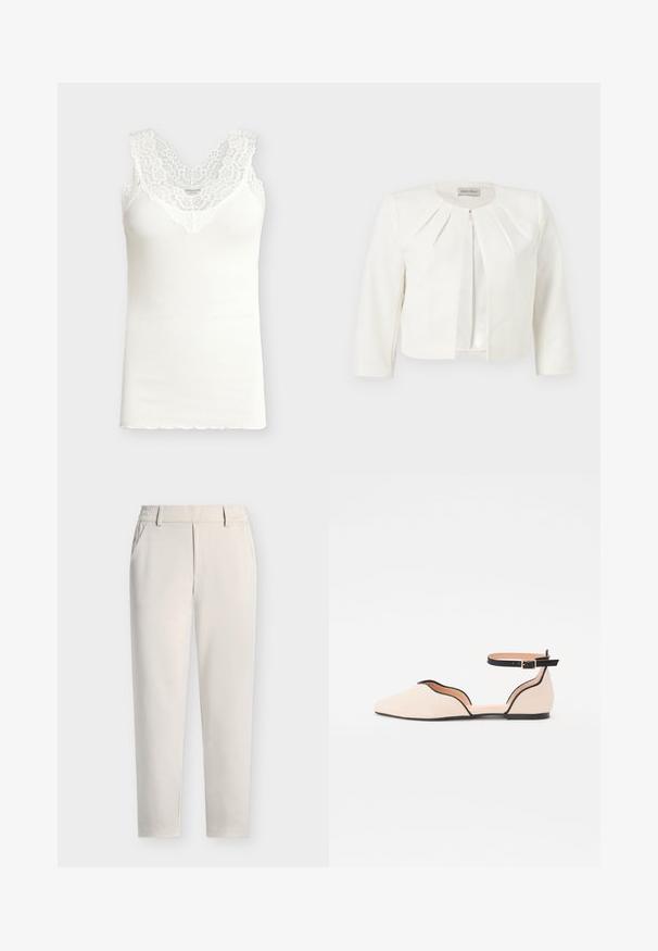 Blazer blanc court à manches trois-quarts avec des détails plissés autour du col, par Anna Field.; Débardeur blanc côtelé sans manches avec large bordure en dentelle autour de l'encolure en V et des épaules, vue à plat sur fond gris clair.; Pantalon beige droit avec passants pour ceinture, poches latérales et fermeture éclair à l'avant sur un fond uni.; Ballet flat en beige clair avec un bout pointu, présentant un design à découpes arrondies et une bride noire à la cheville. Texture lisse et style minimaliste.