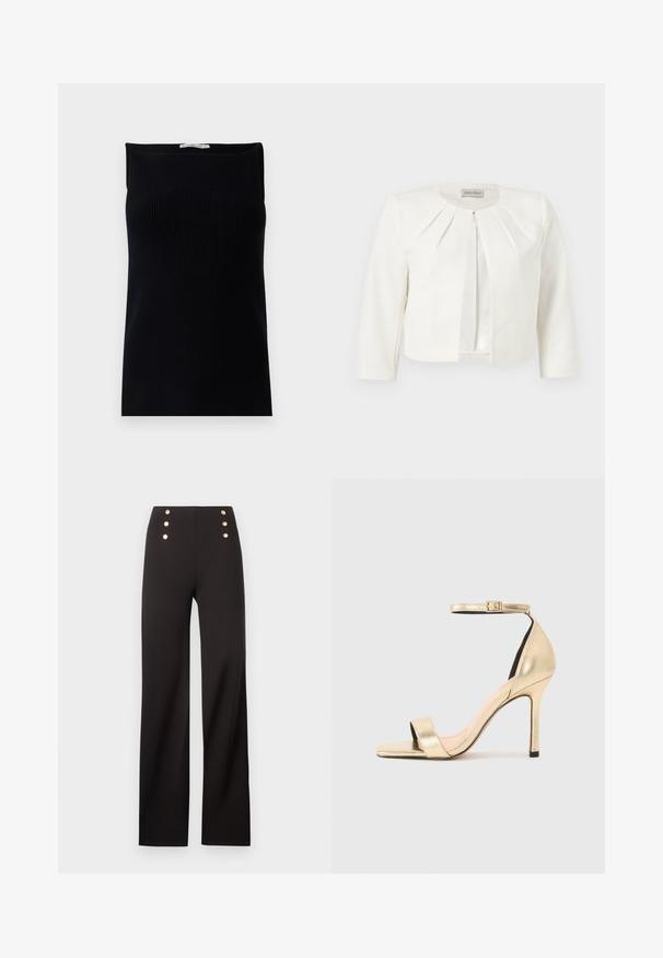 Blazer blanco corto con mangas tres cuartos y detalle plisado alrededor del cuello de Anna Field.; Top sin mangas negro de canalé con un escote recto, que presenta una textura suave y una silueta ajustada.; Pantalones negros de pierna ancha y talle alto con seis botones decorativos dorados dispuestos en dos filas verticales cerca de la cintura.; Sandal de tacón alto metálico dorado con una delgada tira en el tobillo, punta descubierta y un diseño elegante. Presenta una textura suave y detalles minimalistas.