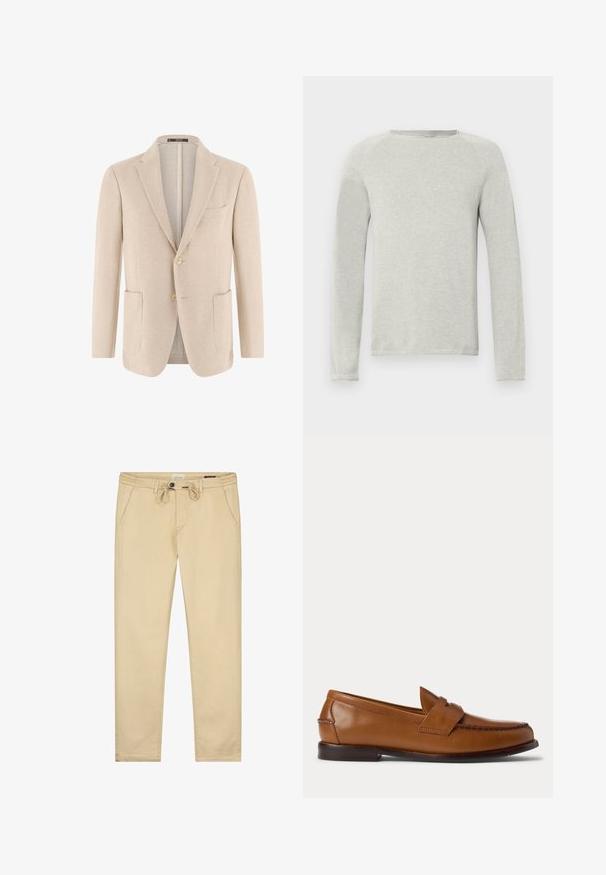 Hellbeiger Herrenblazer mit zwei aufgesetzten Taschen vorne, einreihiger Zweiknopfverschluss und Revers mit Schlitz, strukturierter Stoff.; Helles graues Langarmshirt mit Rundhalsausschnitt, strukturiertem Stoff und Raglanärmeln. Einfaches Design, keine sichtbaren Logos oder Muster.; Beige Baumwollhose mit Kordelzugbund, seitlichen Taschen und geradem Bein Design. Glatte Textur mit minimalen Details.; Brauner Leder-Penny-Loafer mit niedrigem Absatz und gesteppten Details an Vorder- und Seitenpartien, seitlich auf weißem Hintergrund dargestellt.