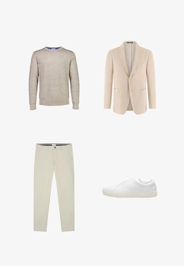 Blazer beige claro para hombre con dos bolsillos delanteros de parche, cierre de dos botones abotonados y solapas con muesca, tela texturizada.; Suéter beige claro hecho de tela de punto texturizada. Presenta un cuello redondo con un acento azul en el interior del cuello. Mangas largas.; Chinos de un beige claro con corte recto, fabricados en una suave tela de algodón. Cuentan con trabillas para cinturón, bolsillos frontales y un bolsillo trasero.; Zapatilla de cuero blanco con textura suave, puntera redonda, cierre de cordones y suela de goma plana. Diseño minimalista sin patrones visibles.