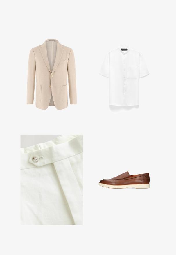 Lichtbeige herenblazer met twee opgestikte voorzakken, een twee-knoopsluiting aan de voorkant, en een notch-revers, van gestructureerde stof.; Wit overhemd met korte mouwen, mandarijnkraag, knopen aan de voorkant en borstzakje, weergegeven op een witte achtergrond.; Witte stof met een gladde textuur, voorzien van een enkele knoopsluiting, een geplooid ontwerp en nette stikdetails.; Bruine leren slip-on loafer met witte zool, afgeronde neus en minimale stiksel details aan de zijkant, gezien vanaf de buitenkant.