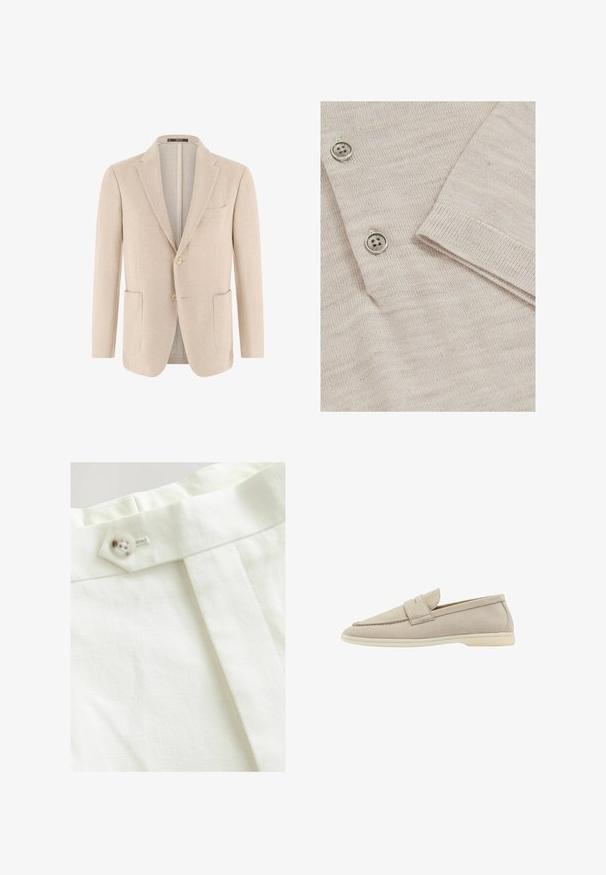 Blazer beige clair pour homme avec deux poches plaquées à l'avant, fermeture simple boutonnage à deux boutons, revers crantés, tissu texturé.; Cardigan beige clair avec une texture en tricot fin. Il présente trois boutons métalliques et des poignets côtelés pour une finition structurée.; Tissu blanc avec une texture lisse, présentant une fermeture à bouton unique, un design plissé et des détails de couture soignés.; Chaussure slip-on en daim beige avec un bout arrondi, une sangle d'accent à l'avant et une semelle en caoutchouc légère. Texture lisse et design minimaliste.