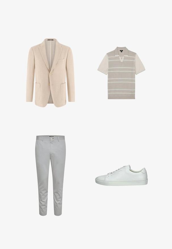 Lichtbeige herenblazer met twee opgestikte voorzakken, een twee-knoopsluiting aan de voorkant, en een notch-revers, van gestructureerde stof.; Beige polo met korte mouwen met witte horizontale strepen en een V-hals met inkeping, plat liggend op een witte achtergrond.; Lichtgrijze op maat gemaakte broeken met een gladde textuur, voorzien van een knoopsluiting, riemlussen en voorzakken. Cropped enkellange ontwerp.; Witte leren sneaker met een gladde afwerking, ronde neus, vetersluiting en een gestructureerde rubberen zool. Minimalistisch ontwerp met een lage schat.