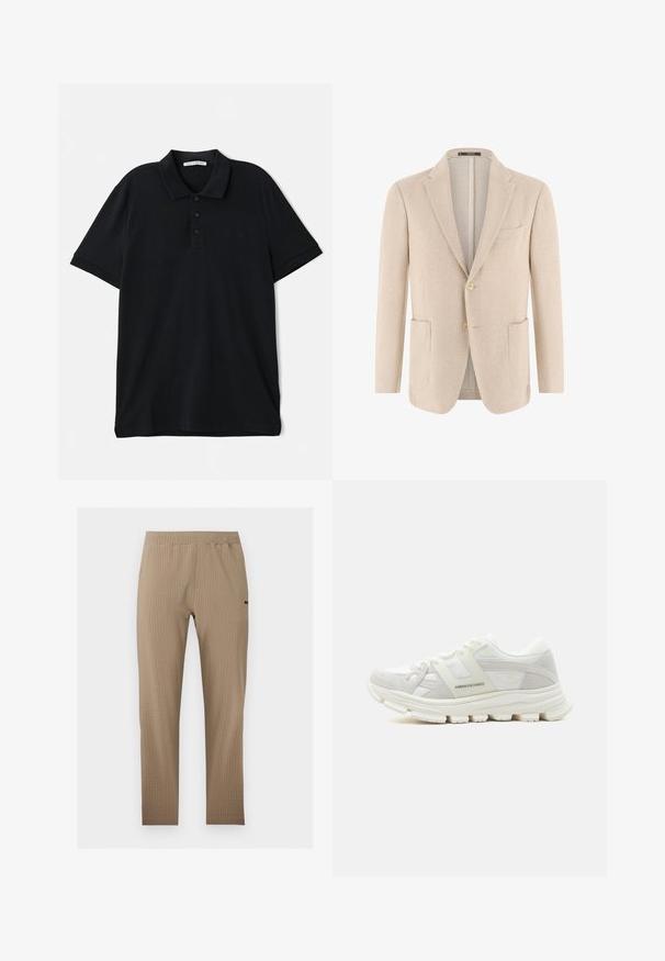 Hellbeiger Herrenblazer mit zwei aufgesetzten Taschen vorne, einreihiger Zweiknopfverschluss und Revers mit Schlitz, strukturierter Stoff.; Schwarzes Poloshirt aus Baumwolle, mit klassischem Kragen, Dreiknopf-Leiste, kurzen Ärmeln und einem dezenten Logo-Detail auf der Vorderseite.; Beige strukturierte Leggings mit hohem elastischem Bund, schlanker Passform und dezentem Markenlogo am rechten Oberschenkel.; Weißer Sneaker mit niedrigem Schaft, strukturierter Sohle, Mesh- und Velourslederdetails, Schnürverschluss und „Armani Exchange“-Branding an der Seite.