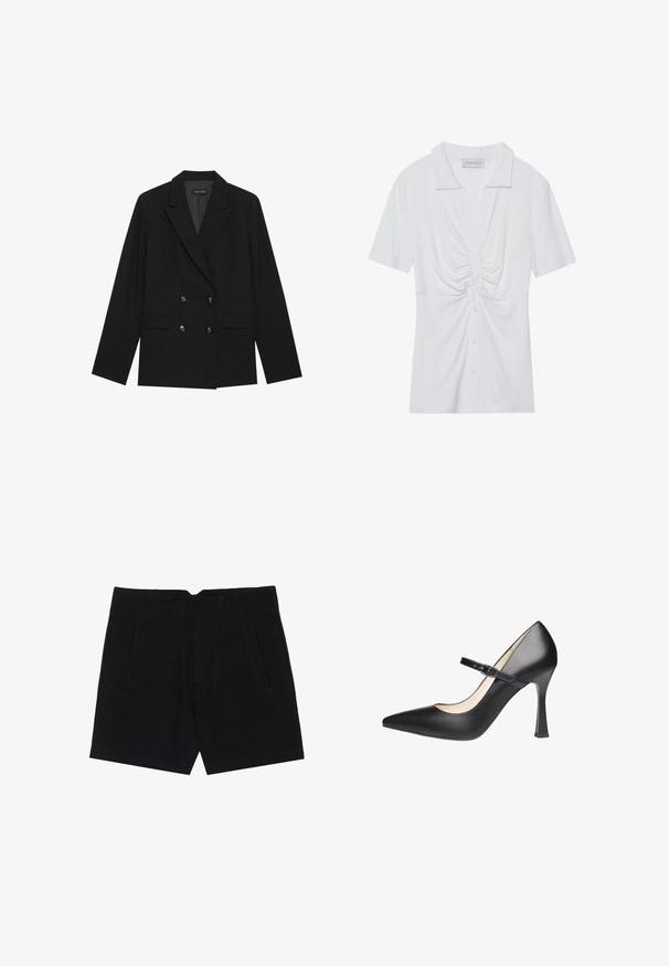 Blazer noir croisé en tissu lisse, avec un revers cranté, deux poches avant et quatre boutons décoratifs à l'avant.; Blouse blanche à manches courtes avec col, présentant un détail de nœud tordu à l'avant et une patte de boutonnage. Texture lisse et côtelée.; Shorts noirs en tissu lisse, avec des poches latérales, une coupe ajustée et des plis structurés à l'avant pour une silhouette épurée.; Escarpin Mary Jane noir en cuir avec talon haut, bout pointu, bride cheville et surface texturée. Doté d'un talon structuré pour le soutien.
