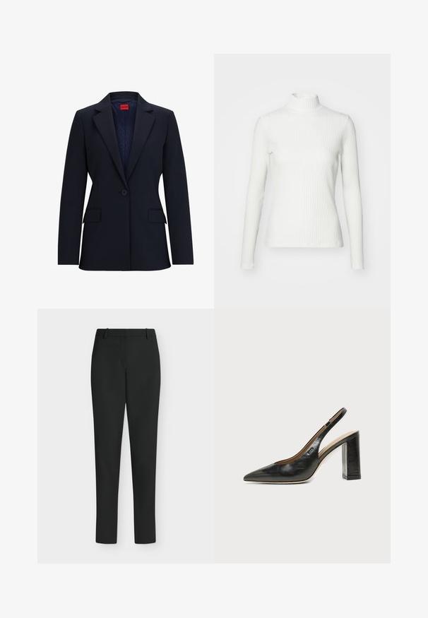 Marineblazer mit Reverskragen, einem Knopfverschluss und zwei Vorderentaschen. Das Innenfutter hat ein gemustertes Design und ein rotes Etikett.; Weißes geripptes Turtleneck-Oberteil mit langen Ärmeln, aus elastischem Stoff. Verfügt über ein enganliegendes Design und einen hohen Kragen für zusätzlichen Schutz.; Schwarze Slim-Fit-Hose mit Gürtelschlaufen, Frontreißverschluss und geraden Beinen, vor weißem Hintergrund präsentiert.; Schwarzer Leder-Slingback-Schuh mit spitzer Kappe, hohem Blockabsatz und beigegefüttertem Innenraum vor hellem, einfarbigem Hintergrund.