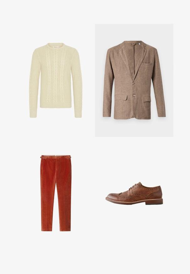 Blazer de lino marrón con solapa con muesca, dos bolsillos frontales, un bolsillo en el pecho y cierre de un botón, con un acabado texturizado.; Blend BHBASIM - Jersey de punto - oyster gray; Pantalones de pana en un color naranja intenso, con un diseño de pierna recta, textura sutil, passadores para cinturón y un acabado suave.; Zapato oxford de hombre marrón de cuero con diseño wingtip, detalles brogue y tacón de madera apilado, mostrado en perfil lateral sobre fondo blanco.
