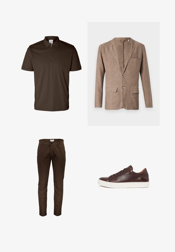 Brun linned blazer med notch-lapel, to frontlommer, en brystlomme og enkeltknaplukning, der har en tekstureret overflade.; Mørkebrun polo med korte ærmer, krave og halv lynlås foran, vist på hvid baggrund.; Brune bomuldsbukser med slim fit, der har flad front, bæltestropper og en enkelt knaplukning. Glat tekstur og minimalistisk design.; Brune lædersneakers med hvid gummisål. Runde tå, snøre design og glat tekstur. Minimalistisk stil uden markante mønstre.