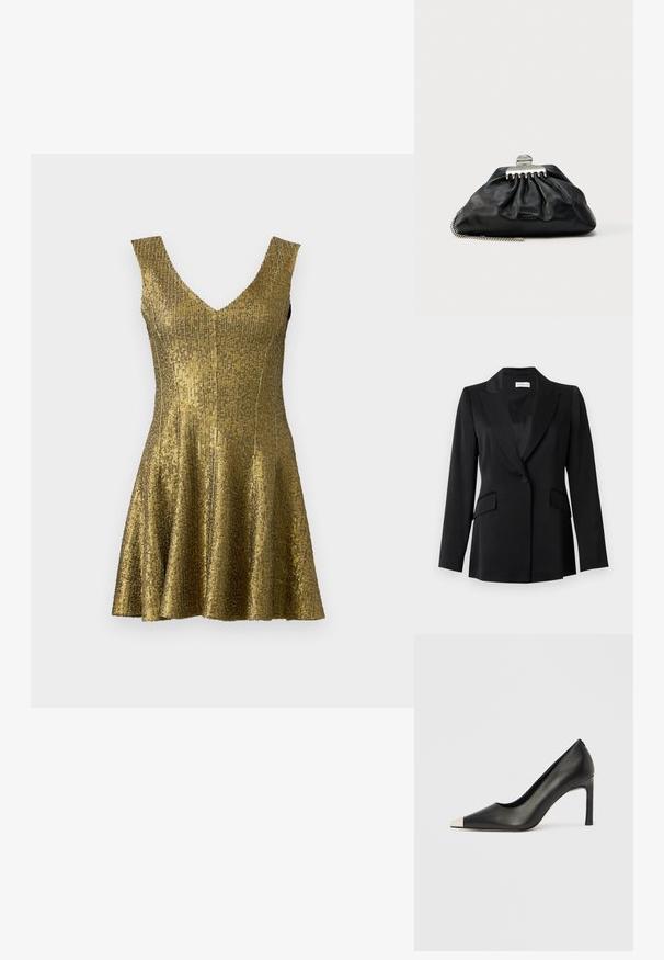 Sort enkeltknappet blazer med notch revers, klaplommer, lange ærmer og en skræddersyet pasform.; Gul palietkjole med V-udskæring, tætsiddende liv og yndig nederdel. Lavet af tekstureret materiale med en skinnende overflade. Uden ærmer.; Sort læder højhælet sko med spids tå og metal-sølv hætte. Har en glat finish og en slank hæl på 10 cm.; Sort læderclutch med samlet design, sølv hardware-lås og kæderem. Diskret logo præget foran.