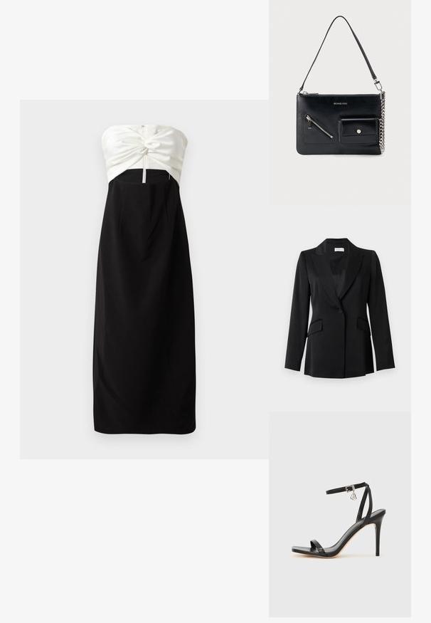 Zwart singelbutton colbert met notch revers, klepzakken, lange mouwen en een getailleerde pasvorm.; Strapless jurk met een crèmekleurige satijnen lijfje met een knoopdetail, gecombineerd met een zwarte, gladde stoffen rok en een verborgen ritssluiting aan de achterkant.; Zwarte sandaal met hoge hak, smalle enkelband, vierkante neus, soepel leermateriaal en metalen gespsluiting.; Zwarte leren schoudertas van Michael Kors met een bovenste rits, een diagonale voorzak met rits, een klepzak met drukknop en een zilverkleurig kettinkdetail.