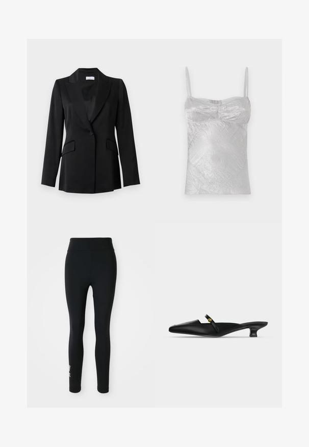Blazer negro de un solo botón con solapas con muesca, bolsillos con solapa, mangas largas y un ajuste entallado.; Camisón de satén plateado con tirantes finos, textura arrugada y forma ajustada. Presenta costuras curvas y un escote redondeado.; Leggings negros hechos de tela elástica, con una cintura alta y un pequeño logotipo impreso en una pierna. Textura suave, diseño ajustado.; Mule negro con punta afilada, tacón kitten bajo y una fina correa sobre el empeine con un pequeño detalle de botón dorado.