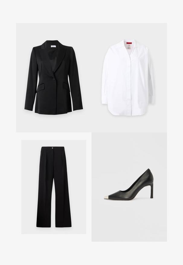 Sort enkeltknappet blazer med notch revers, klaplommer, lange ærmer og en skræddersyet pasform.; Hvid langærmet skjorte med krave og knapper foran, vist fladt mod en lys baggrund.; Sorte bukser med høj talje, vide ben, frontplisseringer, bæltestropper og en knaplukning i taljen.; Sort læder højhælet sko med spids tå og metal-sølv hætte. Har en glat finish og en slank hæl på 10 cm.