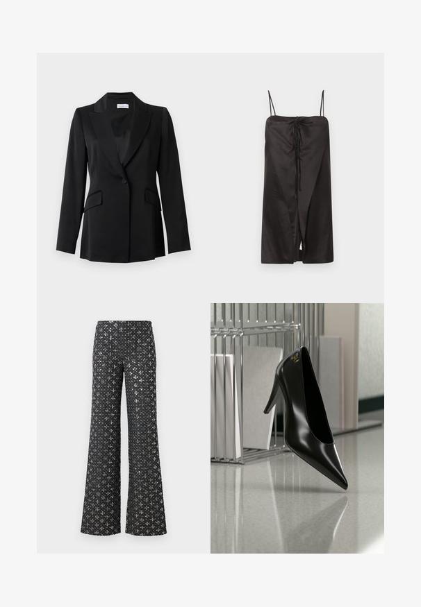 Schwarzer Ein-Knopf-Blazer mit Notch-Revers, Pattentaschen, langen Ärmeln und taillierter Passform.; Schwarzes Satinkleid in Midilänge mit dünnen Spaghettiträgern und einer vorderen Bindung, die einen dezenten Schlitz erzeugt, vor einem schlichten hellen Hintergrund präsentiert.; Schwarze weit geschnittene Hose mit einem Pailletten-Textur und silbernen Akzenten, die ein gemustertes Erscheinungsbild über den gesamten Stoff erzeugen.; Schwarzer High-Heel-Schuh mit spitzer Zehe und goldem Logo, auf einer reflektierenden Oberfläche nahe einem verchromten Draht-Organizer mit Dokumenten positioniert.