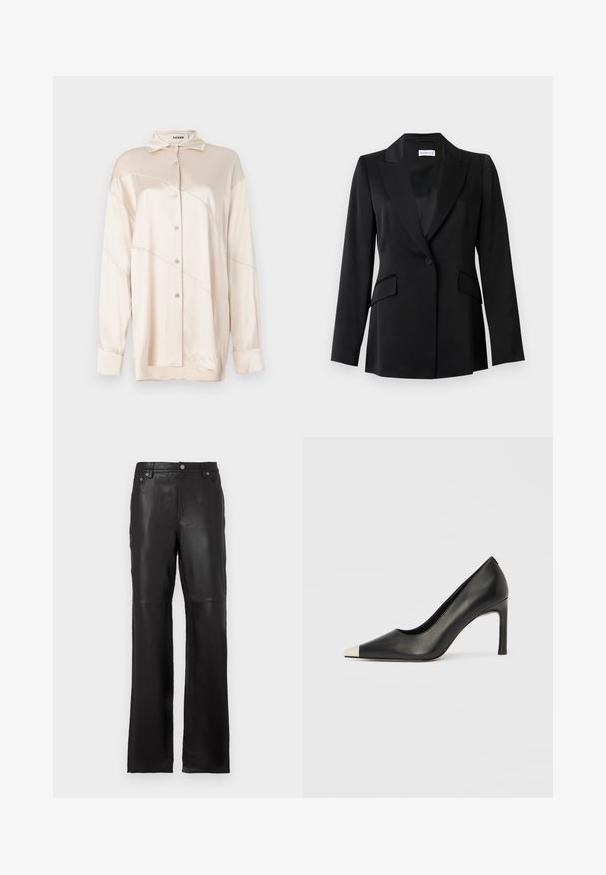 Schwarzer Ein-Knopf-Blazer mit Notch-Revers, Pattentaschen, langen Ärmeln und taillierter Passform.; AERON ABIGAIL SHIRT - Hemdbluse - silver; Schwarze Lederhosen mit geradem Beinschnitt, Fronttaschen und metallischen Knopfakzenten. Glatte Textur mit sauberen Nähten.; Schwarzer Lederschuh mit hohem Absatz, spitz zulaufender Zehenpartie und metallischer silberner Spitze. Verfügt über eine glatte Oberfläche und einen schlanken 10 cm hohen Absatz.