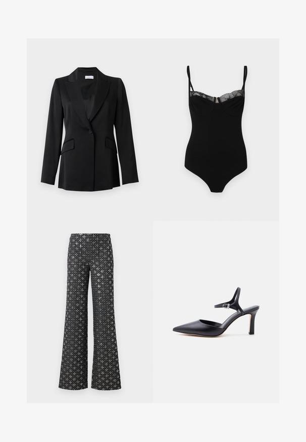 Blazer noir à un bouton avec revers crantés, poches à rabat, manches longues et coupe cintrée.; Bodysuit noir avec bretelles réglables, présentant une bordure en dentelle le long de l'encolure, une texture sans couture et une coupe ajustée.; Pantalons larges noirs avec une texture brodée de sequins et des accents argentés, créant un effet décoratif sur tout le tissu.; Escarpin noir à bout pointu avec fine bride à la cheville et boucle argentée, finition en cuir lisse, chaussure élégante pour femme.