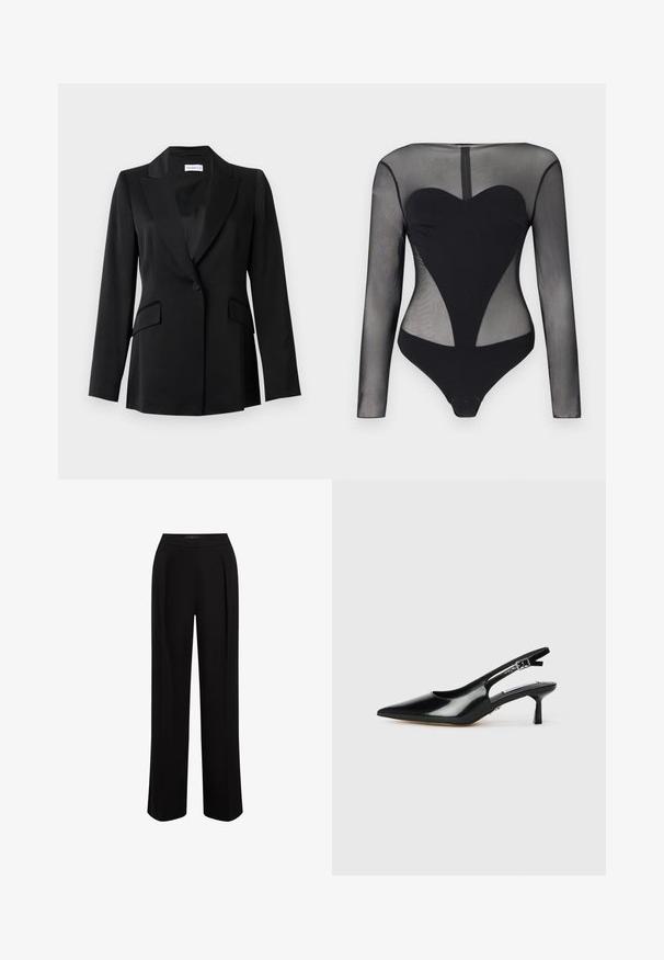 Sort enkeltknappet blazer med notch revers, klaplommer, lange ærmer og en skræddersyet pasform.; Sort langærmet bodystocking med gennemsigtige mesh-ærmer og øverste brystparti, med en solid hjerteformet panel på torsoen.; Sorte, vidde bukser lavet af glat stof, med høj talje, folder foran og en ren, skræddersyet finish.; Sorte patenterede slingback hæle med spids tå, tynd hæl og justerbar spænde-rem. Glat tekstur med minimal udsmykning.