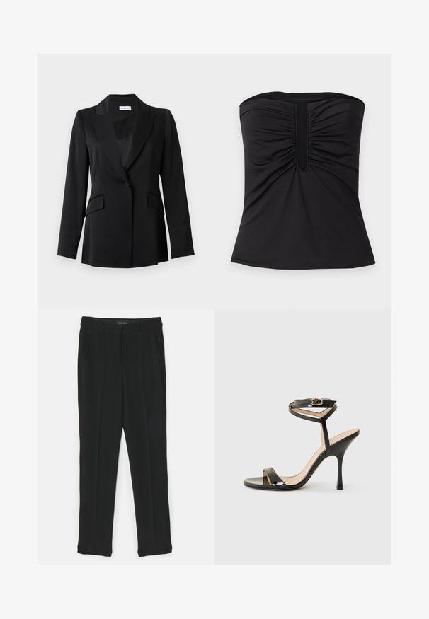 Blazer negro de un solo botón con solapas con muesca, bolsillos con solapa, mangas largas y un ajuste entallado.; Top negro sin tirantes, hecho de una tela suave, con detalles de fruncido en la parte frontal y un dobladillo recto. Sin hardware o patrones visibles.; Pantalones negros con un diseño de corte recto, que presentan pliegues, bolsillos laterales y una textura suave. Están fabricados con una tela ligera.; Sandalia de tacón alto de charol negro con tira delgada en el tobillo y hebilla, punta abierta y tacón aguja esbelto sobre fondo blanco.