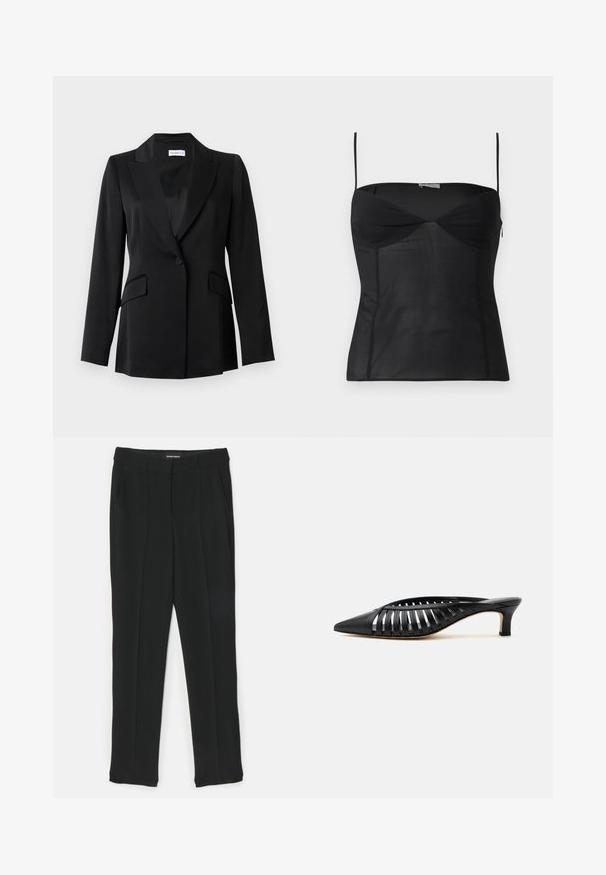 Blazer noir à un bouton avec revers crantés, poches à rabat, manches longues et coupe cintrée.; Haut noir ajusté sans manches avec fines bretelles, encolure en cœur et détails de coutures sur un fond blanc uni.; Pantalon noir au design droit, avec plis, poches latérales et texture lisse. Fabriqué en tissu léger.; Mule en cuir noir avec bout pointu, design découpé à brides et petit talon kitten sur fond blanc.