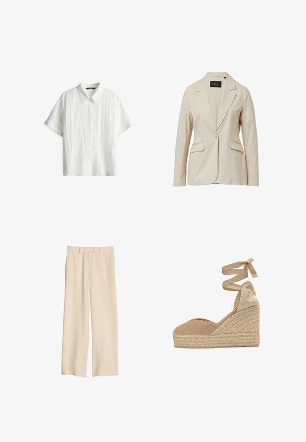 Beige blazer gemaakt van gestructureerde stof, met een notch kraag, sluiting met één knoop en twee voorkassen. Gevoerde binnenkant voor comfort.; Witte shirt met korte mouwen en een gestructureerd patroon, met een kraag en vijf knopen. De stof heeft een lichte uitstraling.; Beige broek met wijde pijpen en hoge taille, voorzien van riemlussen, voorzakken en een ritssluiting, getoond op een witte achtergrond.; Beige canvas sleehak espadrille met gevlochten juten platform en enkelriempjes, met een geweven hielkap.