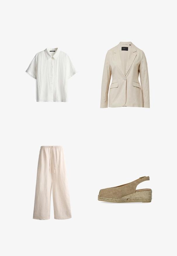 Blazer beige en tissu texturé, avec un col cranté, fermeture à un bouton et deux poches avant. Doublure intérieure pour le confort.; Chemise blanche à manches courtes avec un motif texturé, dotée d'un col et de cinq boutons. Le tissu a une apparence légère.; Pantalon large en lin beige avec taille élastique et cordon de serrage, coupe ample adaptée à une tenue décontractée.; Castañer DOSALIA - Espadrilles - sand
