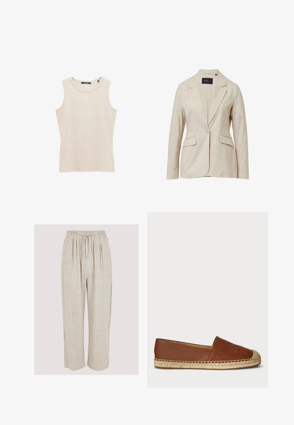 Beige blazer gemaakt van gestructureerde stof, met een notch kraag, sluiting met één knoop en twee voorkassen. Gevoerde binnenkant voor comfort.; Mouwloze lichtbeige ribgebreide tanktop met een ronde halslijn en een aansluitende pasvorm. Gemaakt van zacht katoen.; Beige linnen broeken met een wijd beenontwerp, een elastische tailleband en een trekkoord. Gladde textuur met subtiele slubs door de stof.; Bruine leren espadrille flats met een geweven jutesole, ronde neus en een reliëfdetail op het bovenwerk. Glad textuur met een samenhangend ontwerp.
