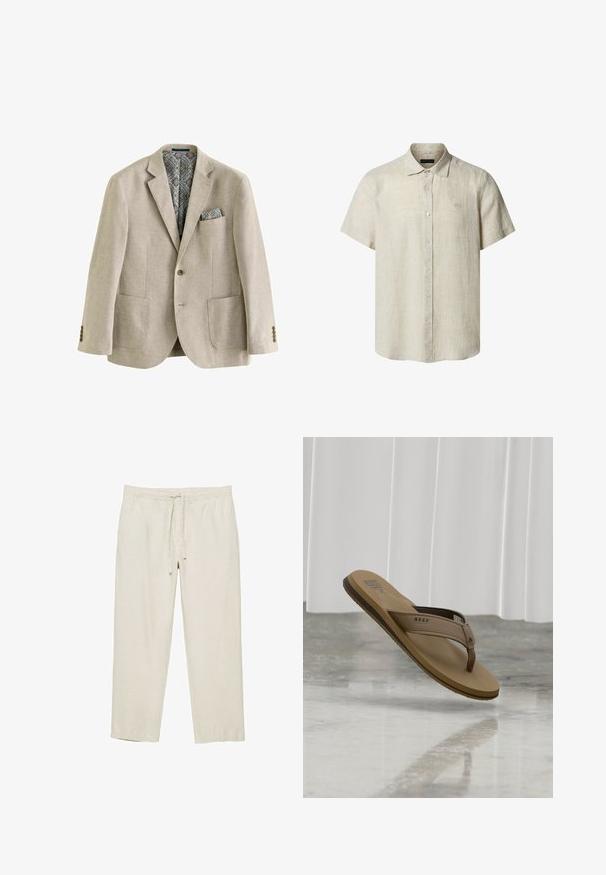 Zandkleurige linnen blazer met een notch lapel, twee voorkruimelzakken en een gepatineerde voering. Inclusief een bijpassende pochet.; Beige linnen overhemd met korte mouwen, knoopsluiting, kraag en subtiel geborduurd logo op de linkerborst.; Beige casual broek met elastische tailleband en voorste trekkoord, gemaakt van lichtgewicht stof, afgebeeld op een witte achtergrond.; Tan kleurige teenslipper met een gestructureerd bandje en het "REEF" logo, zwevend boven een reflecterende marmeren vloer met een witte gordijnachtergrond.