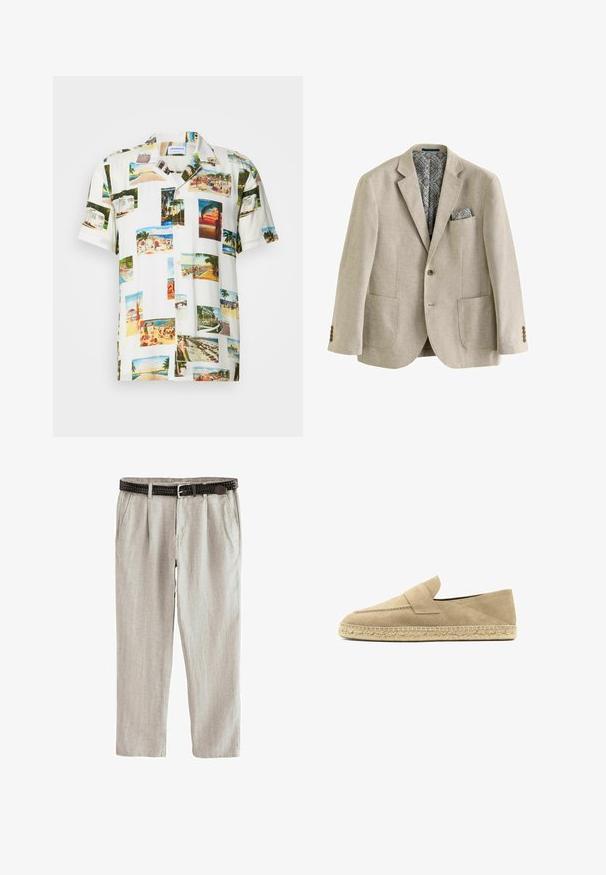 Sandfarvet linned blazer med snippekant, to forlommer og et mønstret indre for. Inkluderer et matchende lommeærme.; Hvid kortærmet skjorte med et collage af fotografier af tropiske scener i forskellige farver. Letvægtsstof, knaplukning foran og afslappet pasform.; Beige linnedbukser med plisseret front, sidelommer og et mørkebrunt vævet læderbælte med sølvspænde.; Beige mokkasiner i ruskind med espadrille, med flettet jutesål og en syningsdetalje med rem over overdelen.
