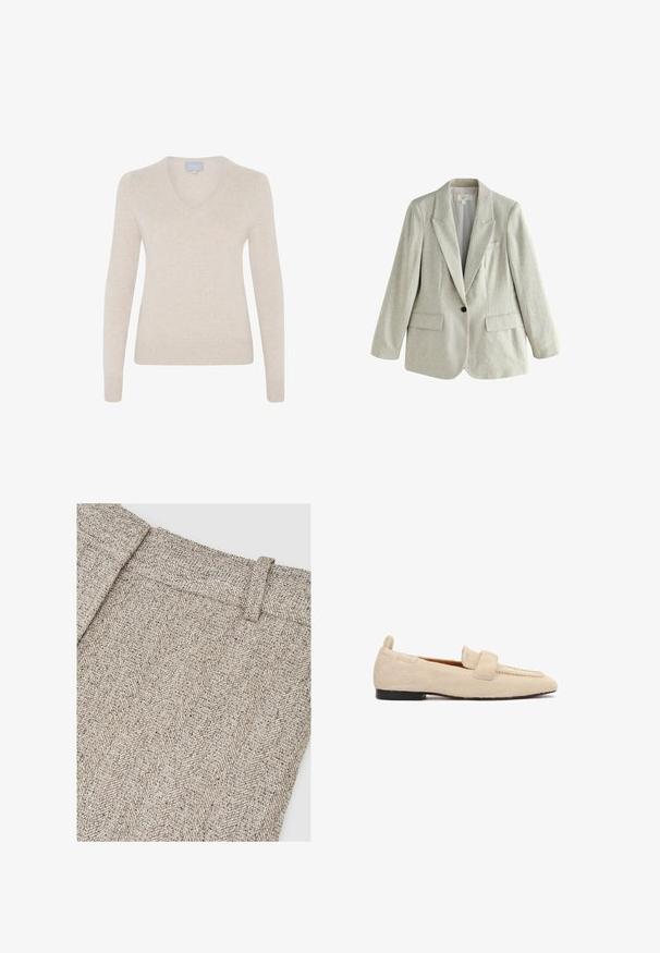 Blazer en lin beige clair à un bouton, avec revers crantés et poches à rabat, présenté à plat sur fond blanc.; Pull en v couleur beige, en tissu doux, à manches longues, silhouette ajustée et ourlet côtelé. Aucun motif ni élément métallique visible.; Tissu à motif chevrons dans des tons beige et gris, présentant une ceinture structurée et une texture de tissage élaborée.; Mocassins plats beige avec une surface texturée semblable à de la fourrure, semelle noire et une large lanière sur la partie supérieure de la chaussure.