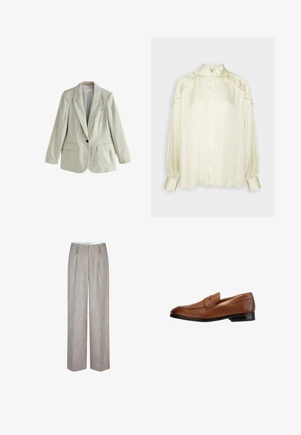 Vaaleanbeige yksirivinen pellavablazer, jossa on notched kaulus ja läppätaskut, esitetty tasaisesti valkoisella taustalla.; DAY Birger et Mikkelsen COURTNEY MODERN DRAPE - Paitapusero - cloud cream; Second Female JUN - Housut - trench coat; Ruske nahkasaappaat sileällä pinnalla, pyöreällä varvalla ja koristeellista ompelua päällisessä. Musta pohja, jossa on kevyt kanta.