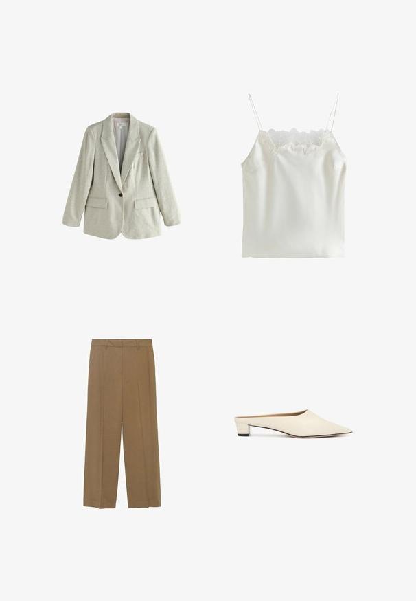 Lys beige hørblazer med enkelt knap, bukket revers og lommer med klap, vist fladt på hvid baggrund.; Hvid satin camisolletop med blonder langs halsudskæringen, justerbare spaghettistropper og en glat tekstur. Enkel design uden mønstre.; Bredde bukser lavet af letvægtsstof i en ensfarvet brun farve, med frontfolder og et tætsiddende talje. ; Mule med spids tå i cremefarve med lav blokhæl og glat finish på ensfarvet hvid baggrund.