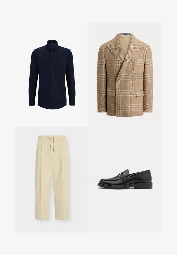 Blazer croisé beige et marron à motif pied-de-poule, avec larges revers, six boutons et poches à rabat à l'avant.; Chemise à manches longues bleu marine, boutonnée, en tissu tissé, avec un col classique, une coupe droite et une fermeture à boutons sur le devant.; Pantalon beige droit avec passants pour ceinture et nouage à l'avant, présentant un design épuré et ajusté ainsi qu'un tissu texturé.; Mocassins en cuir noir avec un embout rond, présentant des accents en métal doré et des détails de couture, montés sur une semelle en caoutchouc texturé et basse.