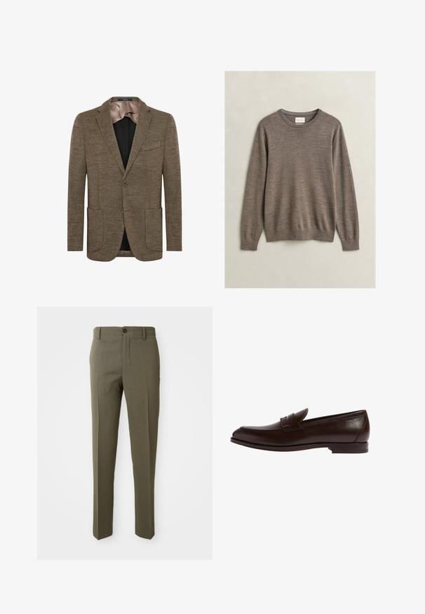 Brauner Wollmischblazer mit Reverskragen, zwei vorderen Taschen und einem einzigen Knopfverschluss. Glatte Innenauskleidung, klassischer Schnitt.; Brauner Pullover mit Rundhalsausschnitt und langen Ärmeln, mit gerippten Bündchen und Saum, flach auf hellem Hintergrund dargestellt.; Olivgrüne maßgeschneiderte Hose mit glatter Textur, geradem Bein, einem einzigen Frontknopf und praktischen Seitentaschen.; Brauner Lederloafer mit gerundetem Zehenbereich, genähten Details und einem dezenten Bandakzent. Schlankes Profil mit flacher Gummisohle.