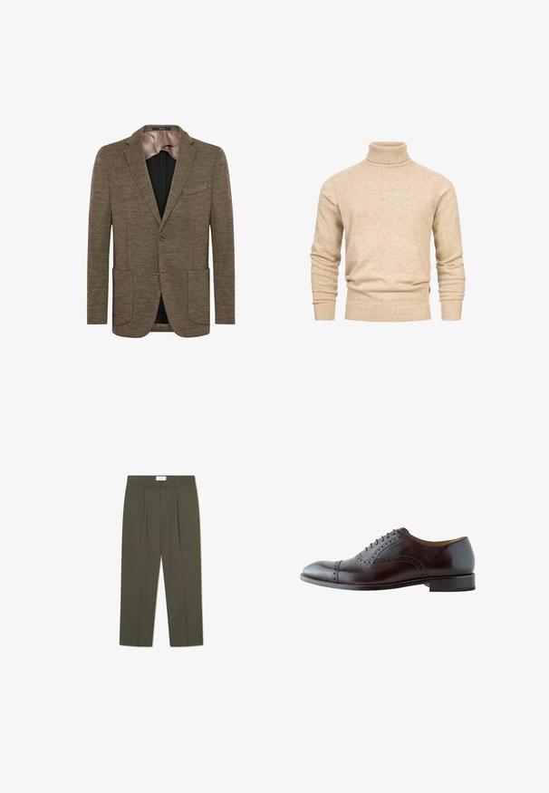 Brauner Wollmischblazer mit Reverskragen, zwei vorderen Taschen und einem einzigen Knopfverschluss. Glatte Innenauskleidung, klassischer Schnitt.; Beige Rollkragensweater aus Strickstoff, mit gerippten Bündchen und Saum, einer glatten Textur und taillierter Passform.; Olivgrüne Hose mit vertikalen Nadelstreifen, tailliertem Bund, Falten und geradem Bein. Glatte Textur.; Dunkelbrauner Oxford-Herrenschuh aus Leder mit Brogue-Details, geschlossenem Schnürsystem und niedrigem gestapeltem Absatz, seitlich gezeigt.