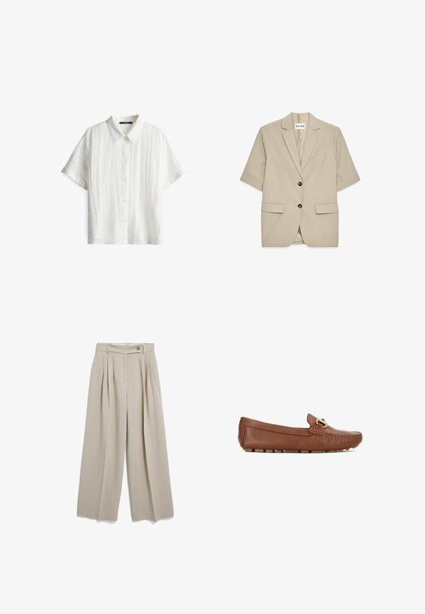 NA-KD SHORT SLEEVE - Blazer - taupe; Chemise blanche à manches courtes avec un motif texturé, dotée d'un col et de cinq boutons. Le tissu a une apparence légère.; Pantalon beige taille haute à jambes larges avec plis, poches latérales, passants pour ceinture et fermeture par bouton à la taille.; Mocassins en cuir marron à bout arrondi, coutures décoratives et accent doré. La semelle est dotée de petits picots en caoutchouc texturés.