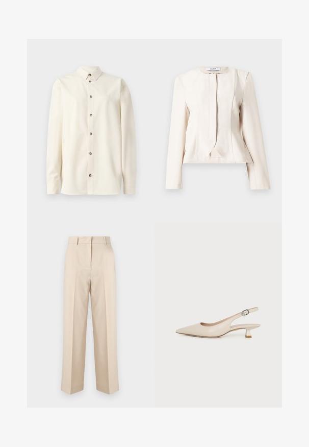 Blazer de mujer a medida color beige crema con mangas largas, cuello redondo y cierre frontal oculto, presentado en plano sobre fondo blanco.; Soulland DAMON SHIRT - Blusa - white; Pantalones beige de talle alto, entallados, con trabillas para cinturón y piernas rectas, presentados sobre un fondo blanco liso.; Zapato slingback beige de punta picuda con tacón bajo tipo kitten y hebilla lateral ajustable sobre un fondo blanco liso.