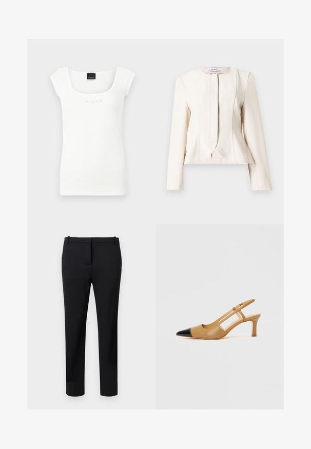 Blazer pour femmes sur mesure de couleur beige crème, manches longues, col rond et fermeture frontale dissimulée, présenté à plat sur fond blanc.; Haut sans manches en maille côtelée blanche avec large encolure carrée et logo "PINKO" brodé sur la poitrine.; Pantalon habillé noir, coupe slim, avec passants de ceinture, pli avant, et silhouette ajustée sur fond clair.; Escarpins slingback couleur fauve avec embout pointu noir, côtés découpés et talon bloc de hauteur moyenne. Matière en cuir lisse.